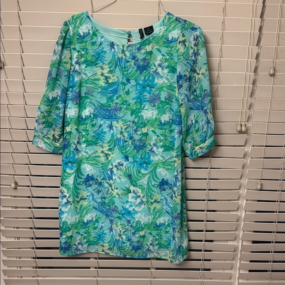 New Directions Vibrant Green and Blue Floral Mini Dress